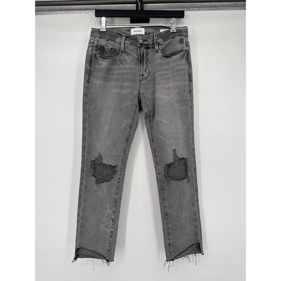 FRAME Denim Jeans Women's Size 23 Black Le Garcon Crop Straight Raw Hem Ankle‎ - Picture 1 of 10